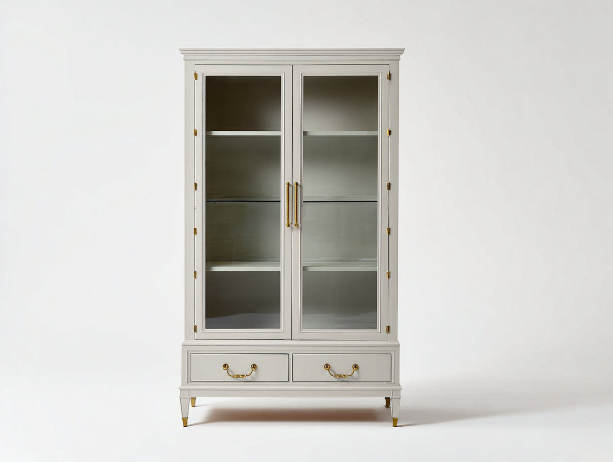 Bibliothèque - bois-verre-métal - 100x42x185 cm - gris clair - style classique