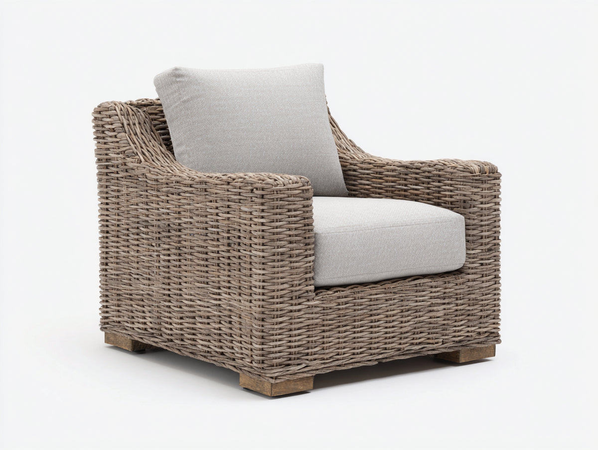 Fauteuil de jardin - rotin tressé-tissu - 89x87x82 cm - taupe naturel-écru - style rustique contemporain