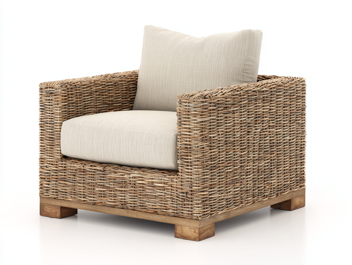 Fauteuil de jardin - rotin tressé-tissu - 90x86x80 cm - brun naturel-écru - style rustique contemporain