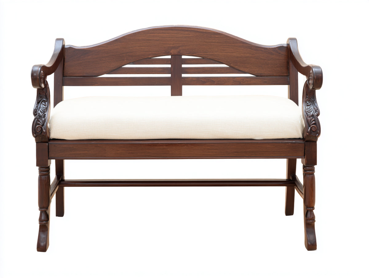 Banc de jardin - Bois-Tissu - 145 x 60 x 88 cm - Brun foncé-Crème - Style classique sculpté