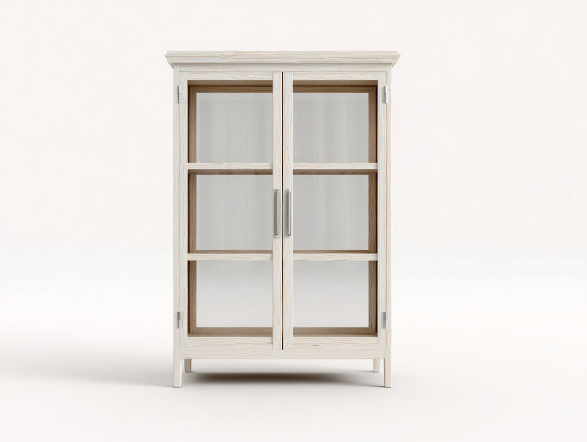 Bibliothèque - bois-verre-métal - 94x39x172 cm - blanc cassé - style rustique épuré