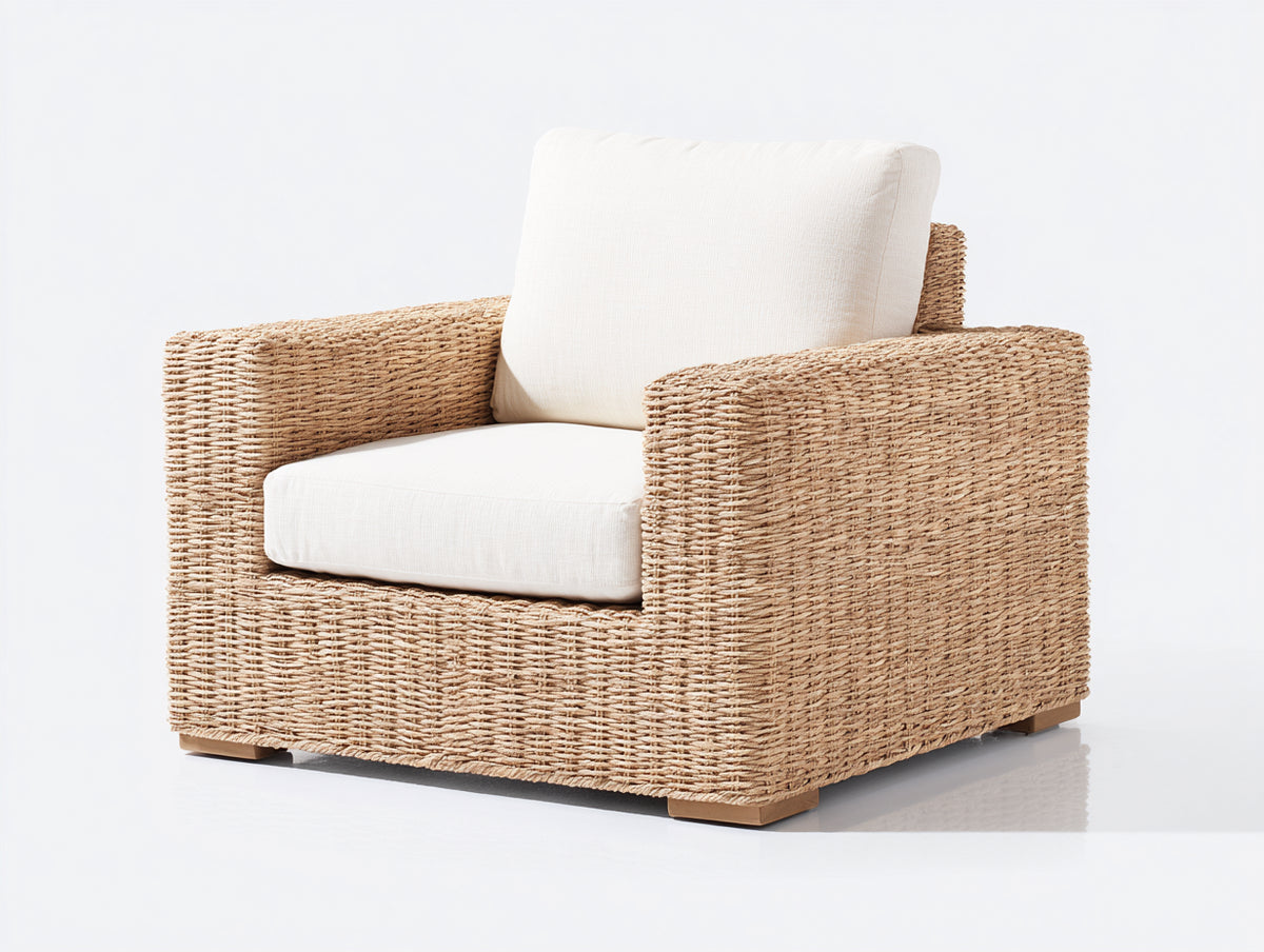 Fauteuil de jardin - rotin tressé-tissu - 87x82x78 cm - beige naturel-ivoire - style minimaliste contemporain