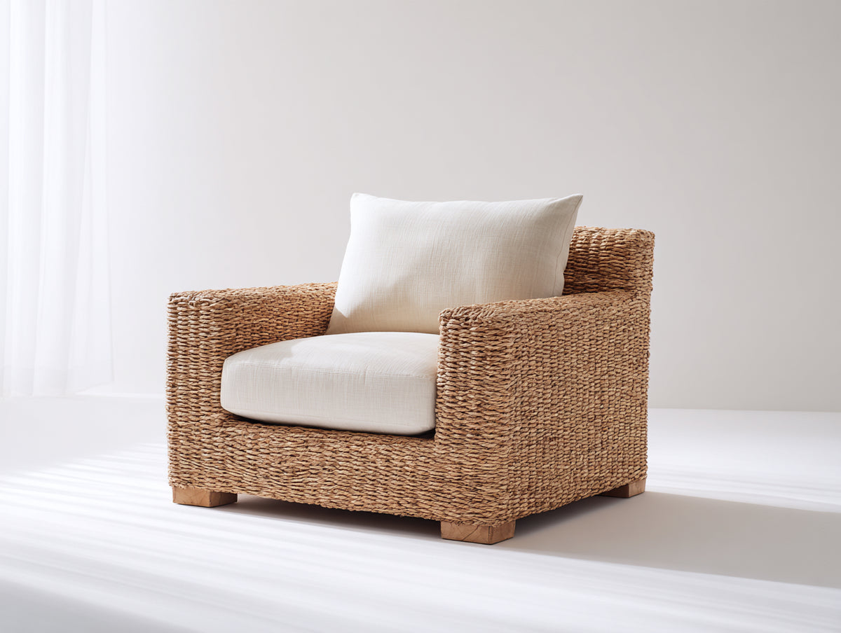 Fauteuil de jardin - rotin tressé-tissu - 90x86x79 cm - brun clair-blanc cassé - style décontracté contemporain