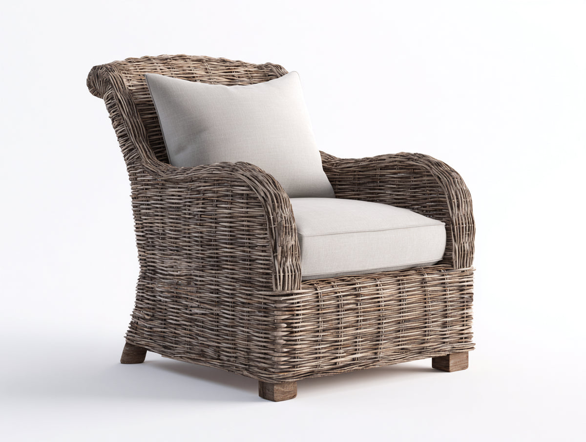 Fauteuil de jardin - rotin tressé-tissu - 91x95x103 cm - gris brun-blanc cassé - style traditionnel décontracté