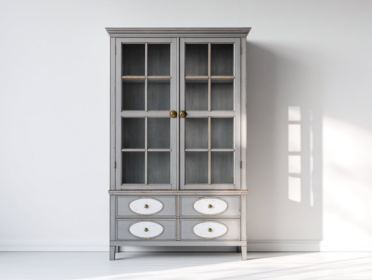 Bibliothèque - bois-verre - 110x42x190 cm - gris clair - style classique