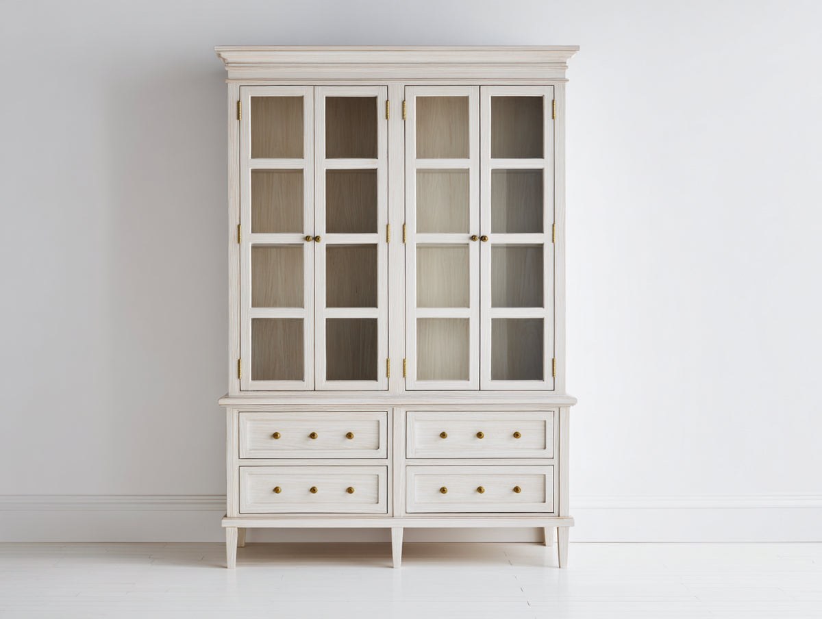 Bibliothèque - bois-verre - 145x45x205 cm - blanc - style classique