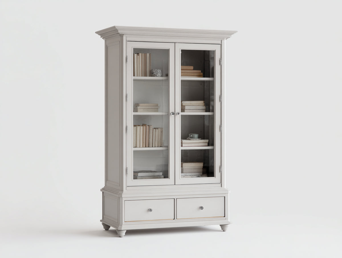 Bibliothèque - bois-verre-métal - 112x44x192 cm - blanc - style classique