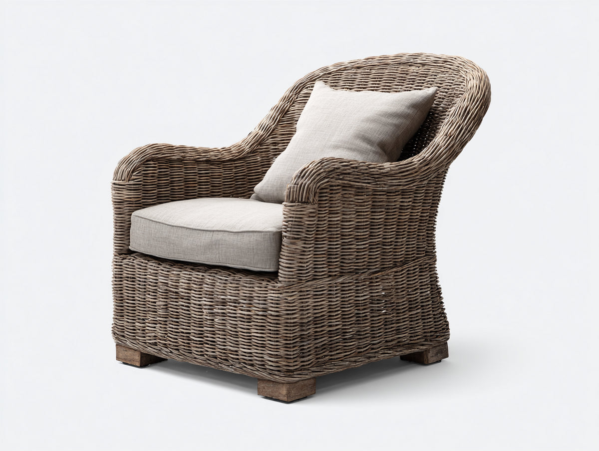 Fauteuil de jardin - rotin tressé-tissu - 90x94x101 cm - taupe naturel-beige clair - style enveloppant rustique