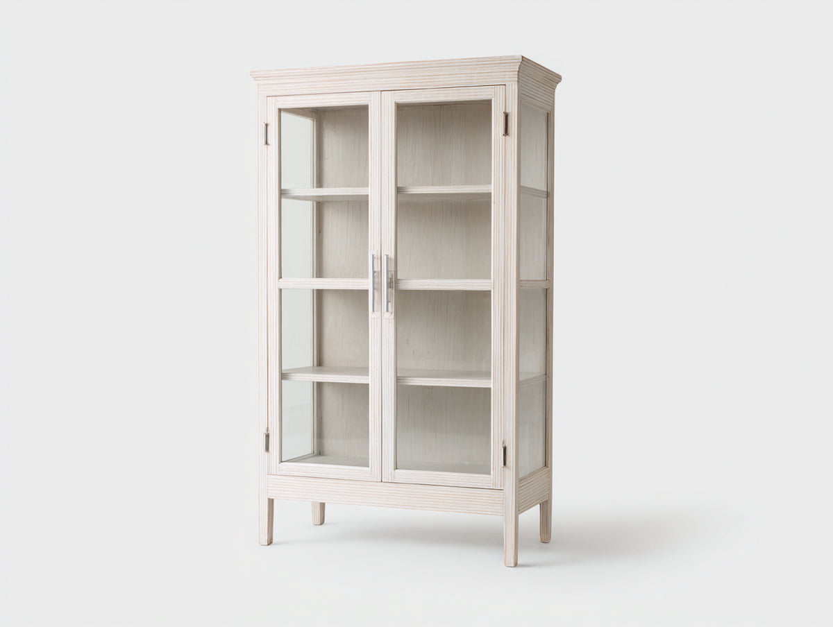 Bibliothèque - bois-verre-métal - 100x42x180 cm - blanc cassé - style rustique