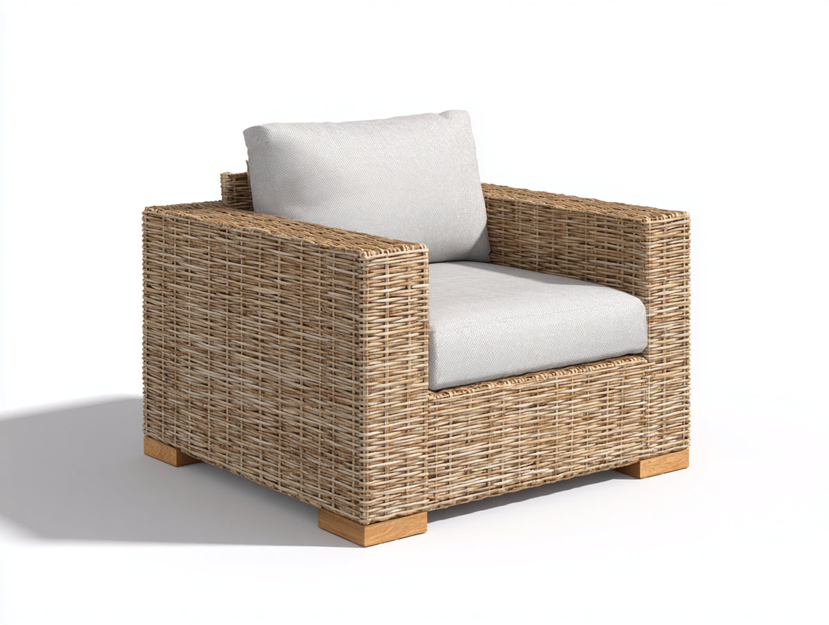 Fauteuil de jardin - rotin tressé-tissu - 86x82x78 cm - beige naturel-blanc - style minimaliste naturel