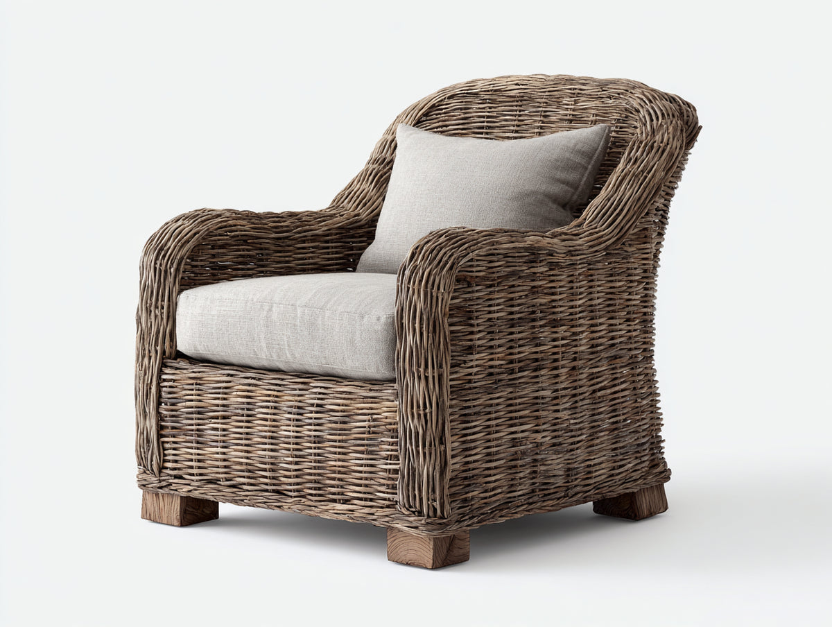 Fauteuil de jardin - rotin tressé-tissu - 86x89x96 cm - brun vieilli-écru - style campagne élégante