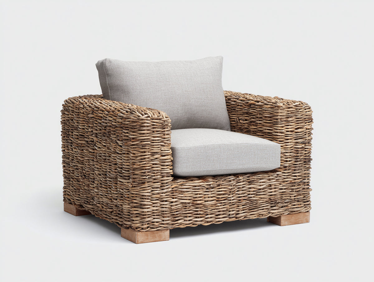 Fauteuil de jardin - rotin tressé-tissu - 93x87x81 cm - brun naturel-gris perle - style artisanal contemporain