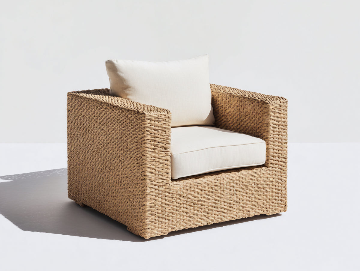Fauteuil de jardin - rotin tressé-tissu - 88x83x77 cm - beige miel-blanc cassé - style naturel contemporain