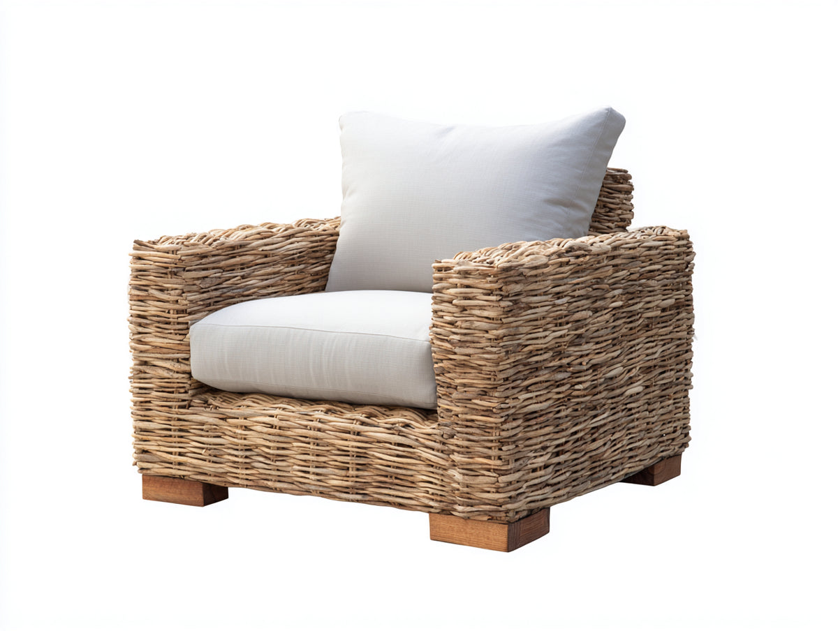 Fauteuil de jardin - rotin tressé-tissu - 91x88x82 cm - beige clair-blanc cassé - style artisanal naturel