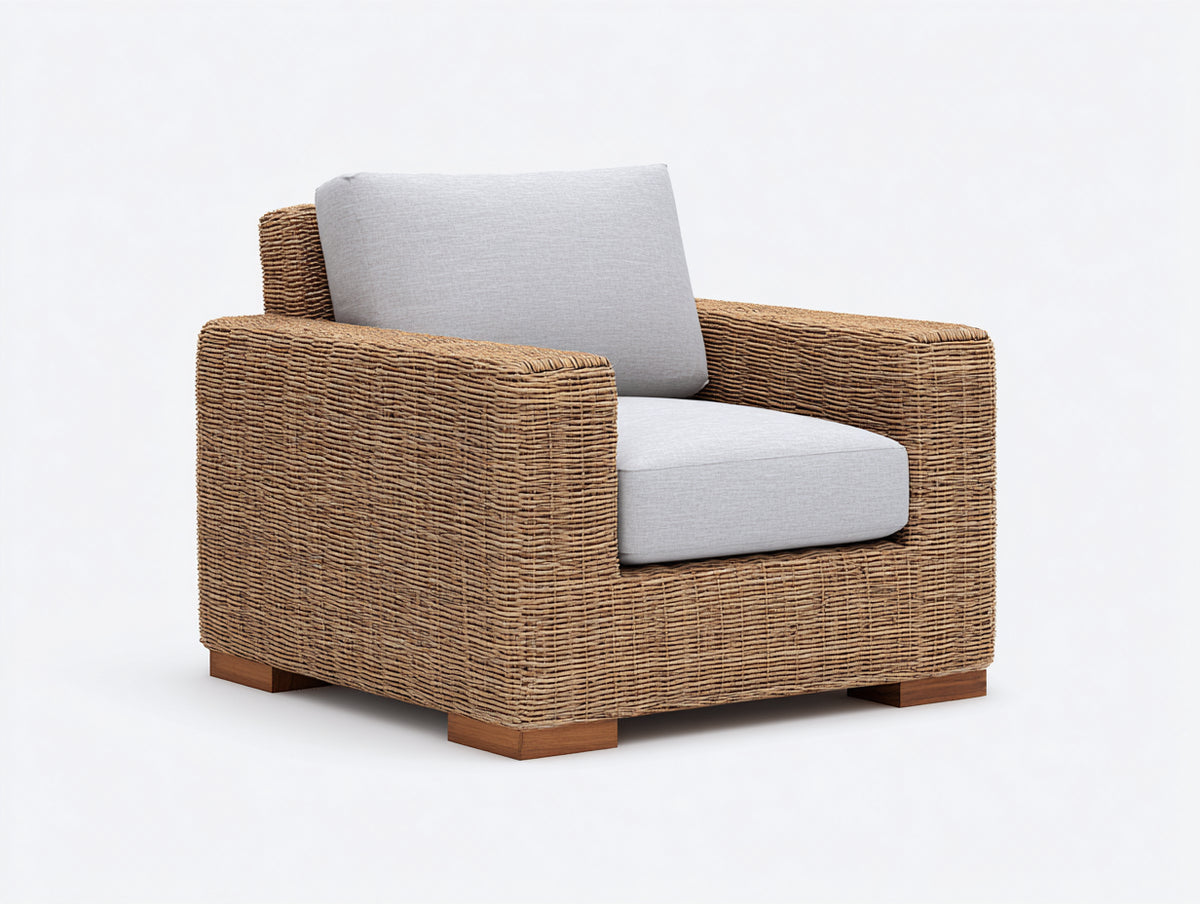 Fauteuil de jardin - rotin tressé-tissu - 89x84x79 cm - brun miel-gris clair - style contemporain épuré