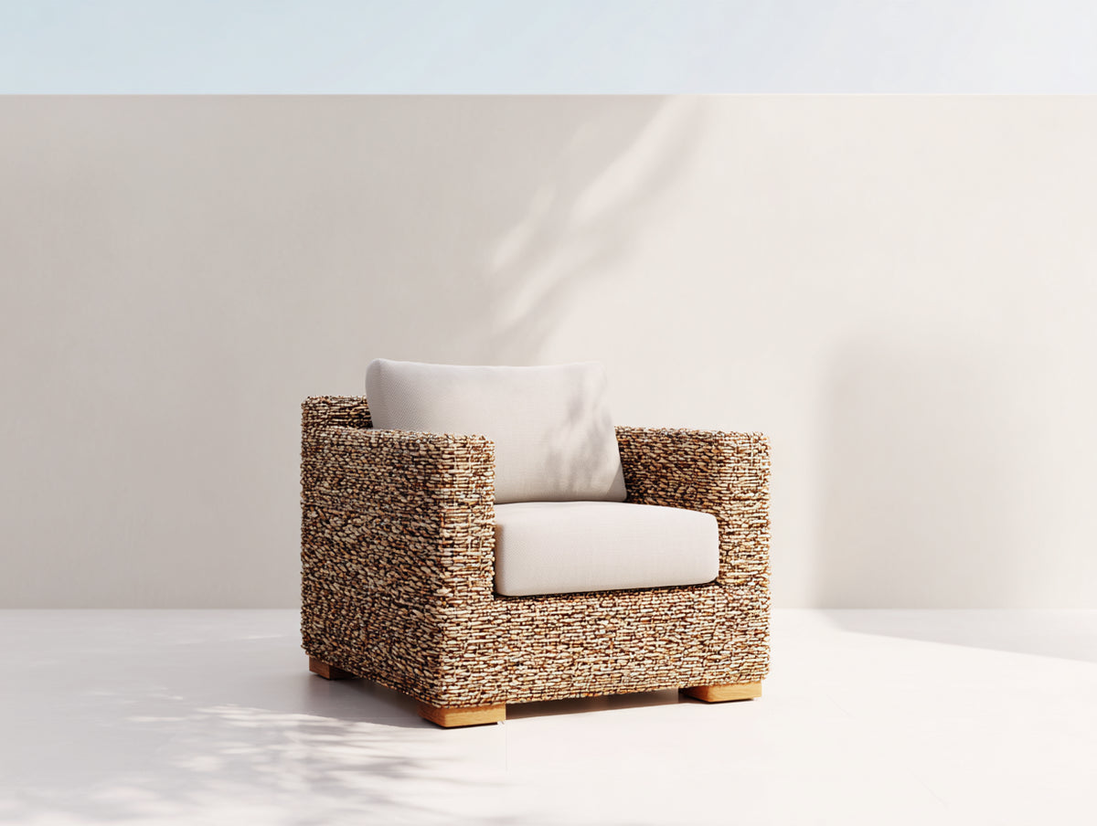 Fauteuil de jardin - rotin tressé-tissu - 89x84x78 cm - brun miel-blanc cassé - style rustique moderne