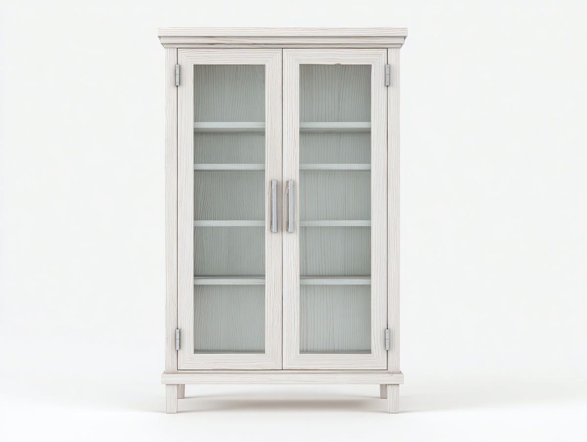 Bibliothèque - bois-verre-métal - 98x41x178 cm - blanc cassé - style campagne classique