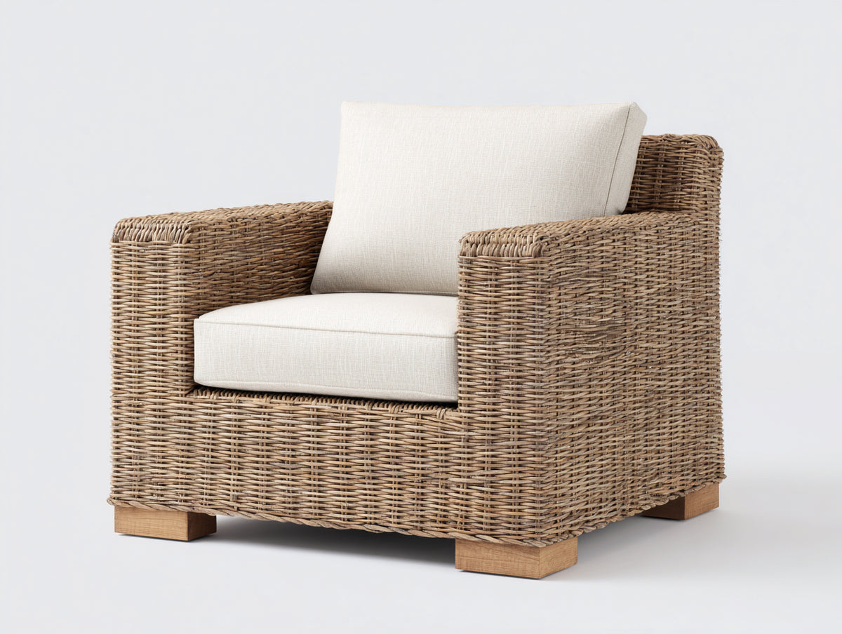 Fauteuil de jardin - rotin tressé-tissu - 92x87x80 cm - brun naturel-écru - style contemporain chaleureux