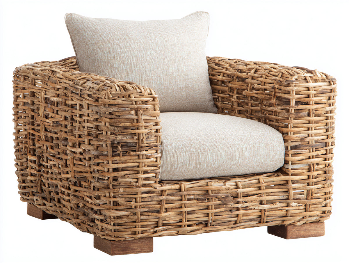 Fauteuil de jardin - rotin tressé-tissu - 91x88x82 cm - miel naturel-ivoire - style rustique chaleureux