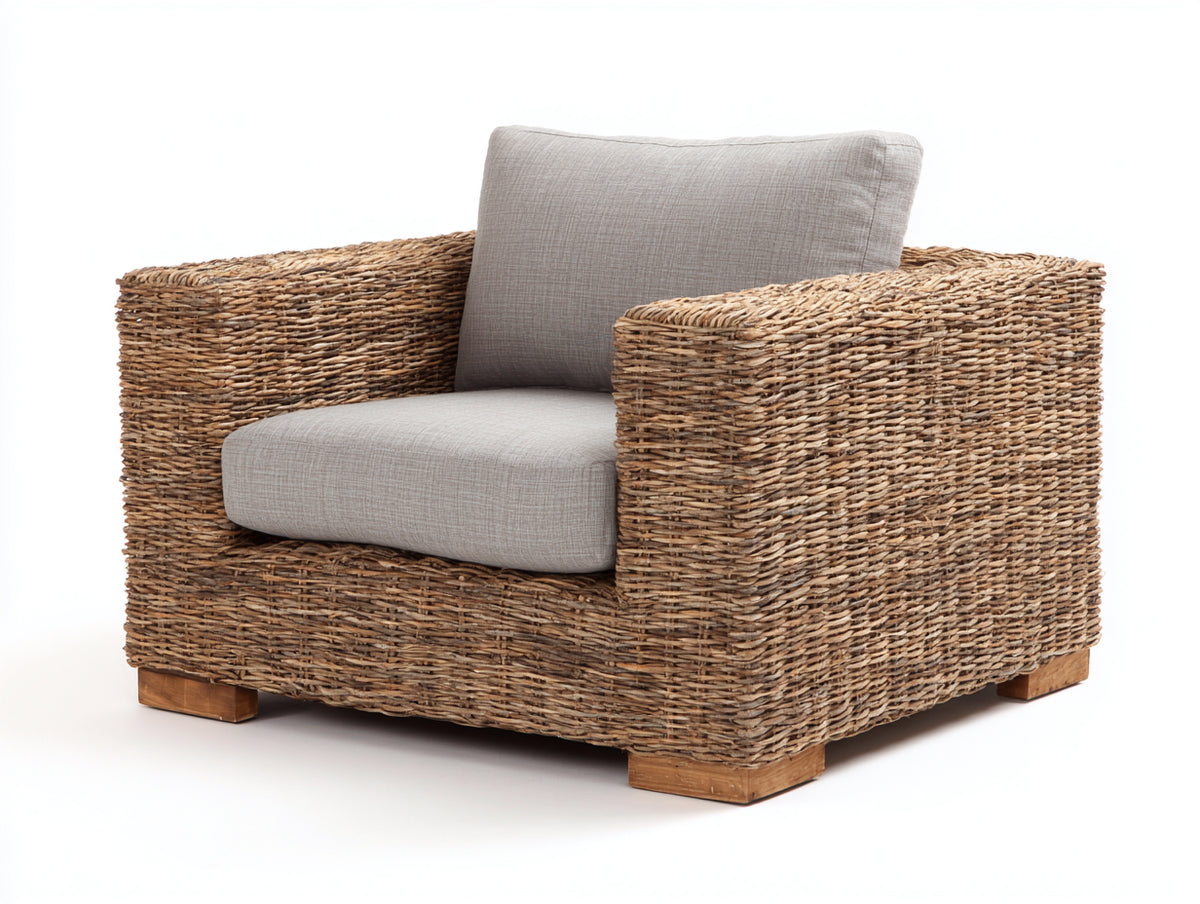 Fauteuil de jardin - rotin tressé-tissu - 94x89x81 cm - brun naturel-beige grège - style chaleureux contemporain