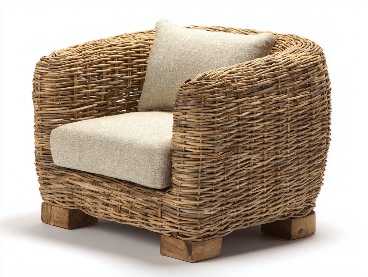 Fauteuil de jardin - rotin tressé-tissu - 92x88x84 cm - miel naturel-crème - style organique contemporain