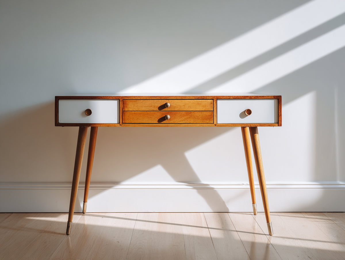 Bureau - bois - 115 x 45 x 78 cm - blanc-bois naturel - style rétro moderne