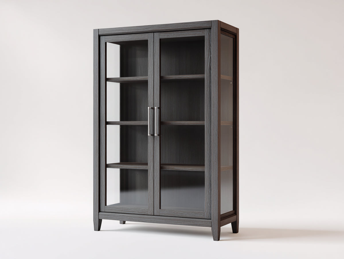 Bibliothèque - bois-verre-métal - 102x43x178 cm - brun foncé - style moderne