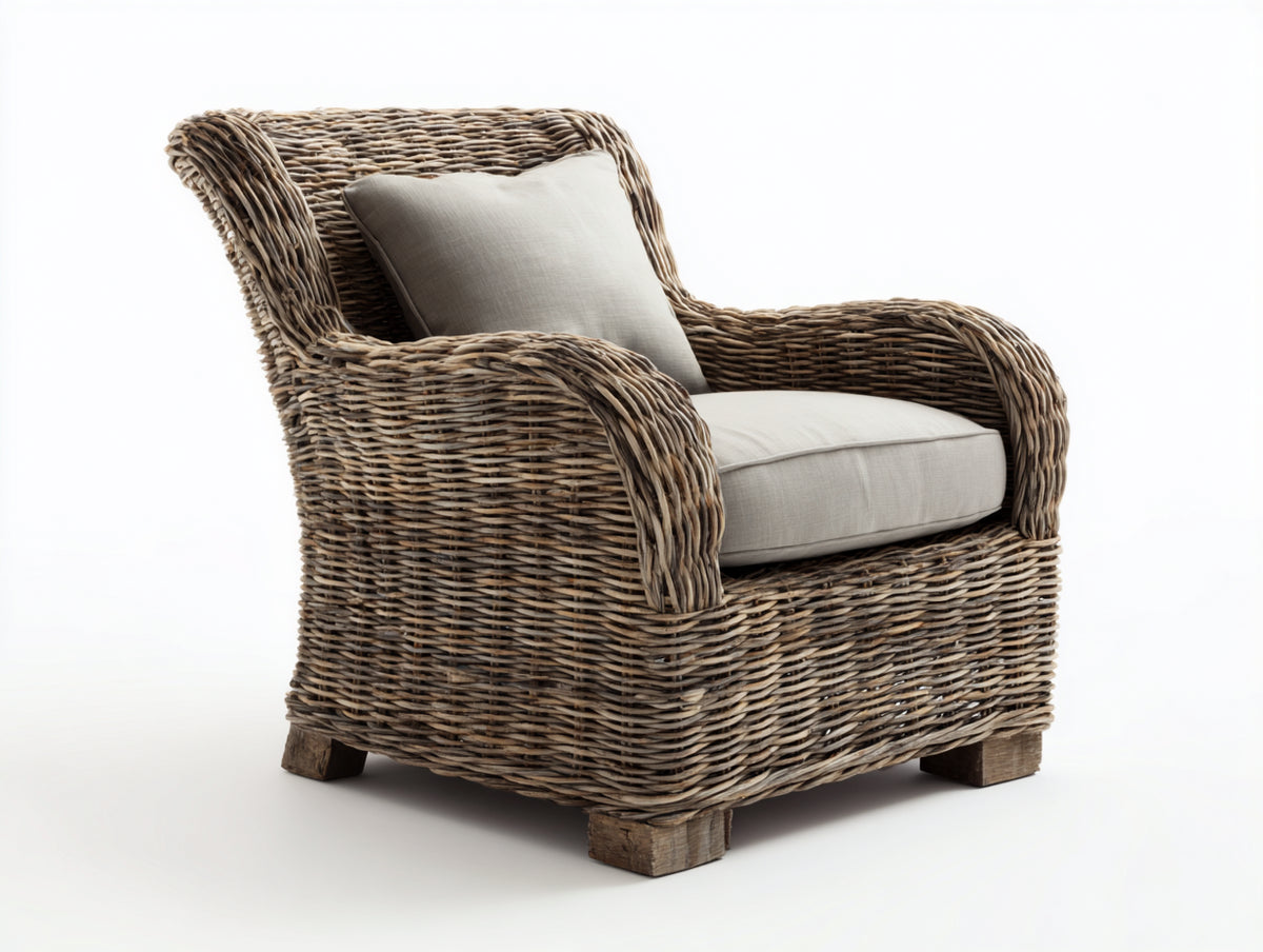 Fauteuil de jardin - rotin tressé-tissu - 88x92x98 cm - brun grisé-beige lin - style classique naturel